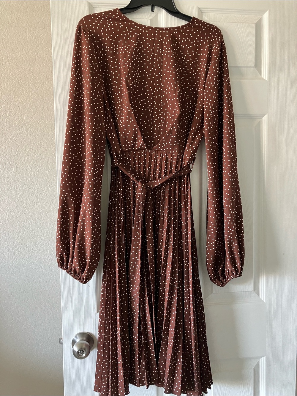 SHEIN Brown & White Polka Dot Long-Sleeve Pleated Midi Dress
